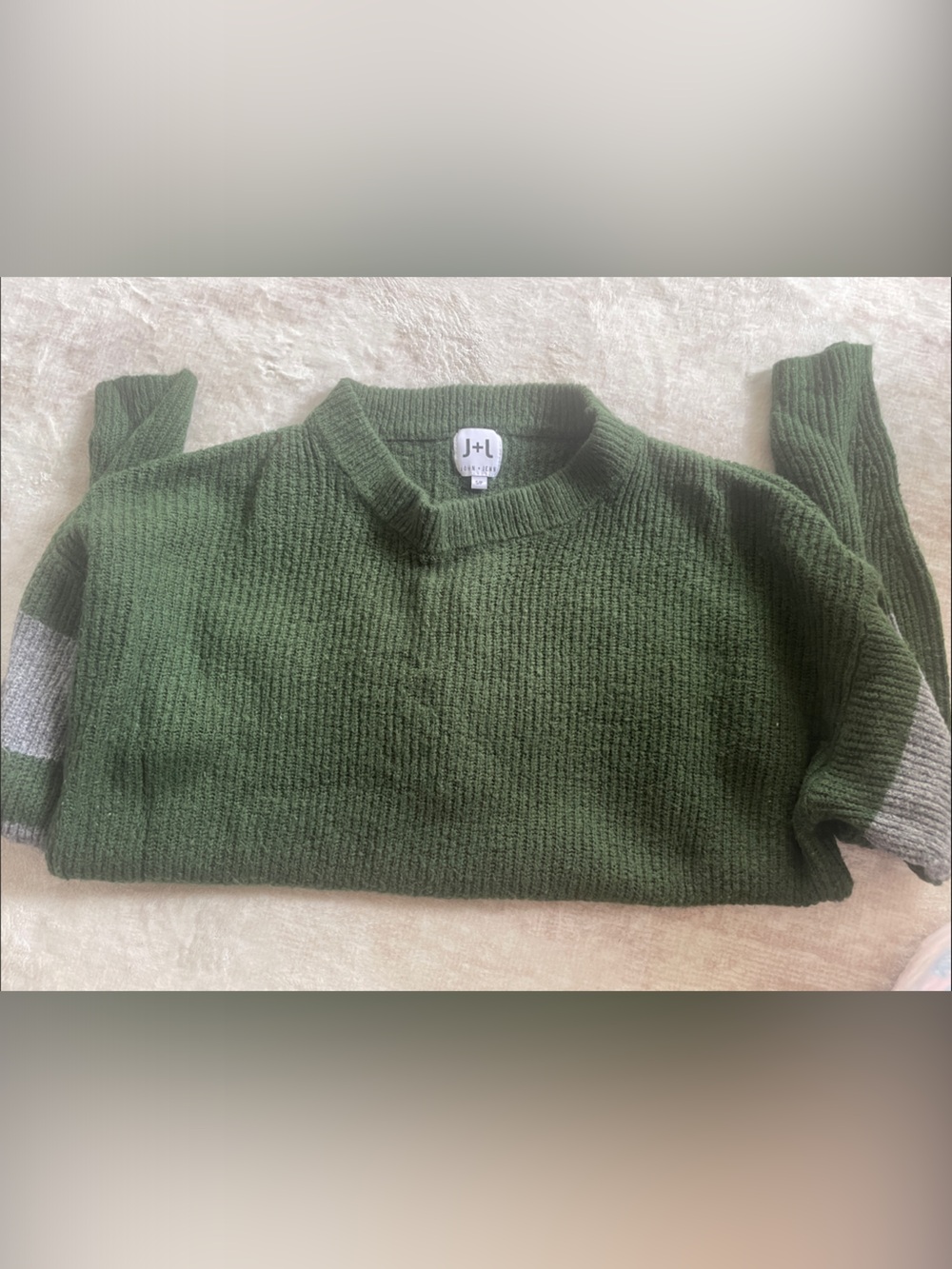 John + Jenn Olive Green Crewneck Sweater with Gray Sleeve Stripes